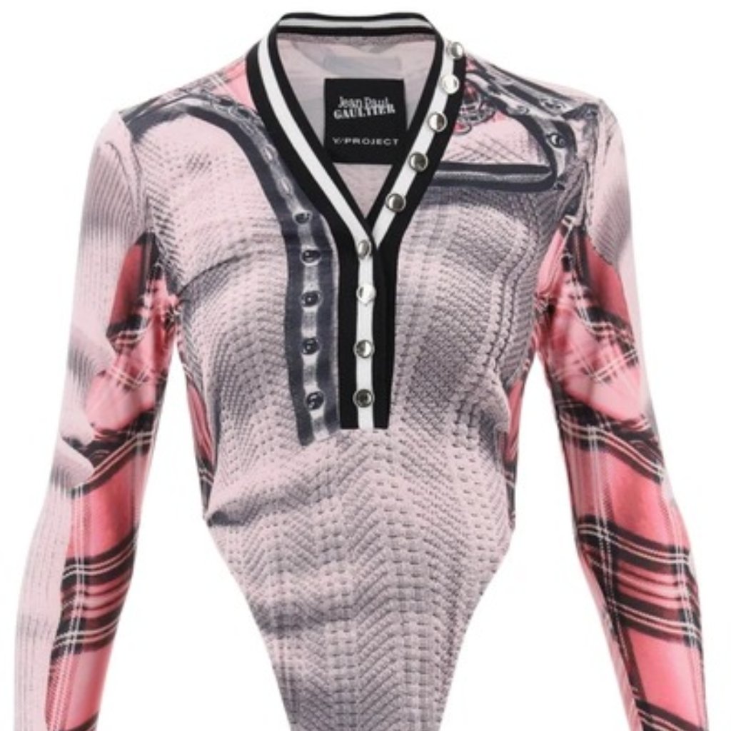 New Y/Project X Jean-Paul Gaultier Trompe L'oeil Cardigan Bodysuit Pink & White